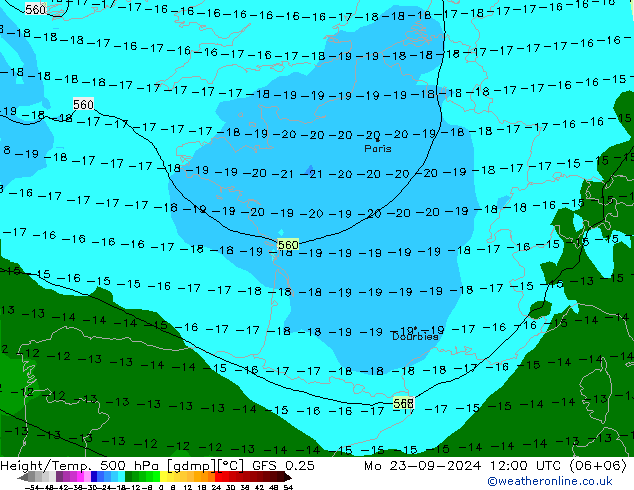 Height/Temp. 500 hPa GFS 0.25 Mo 23.09.2024 12 UTC