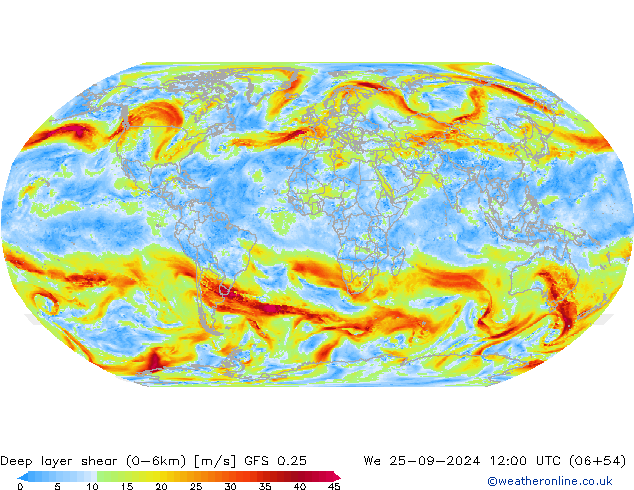 Deep layer shear (0-6km) GFS 0.25 We 25.09.2024 12 UTC