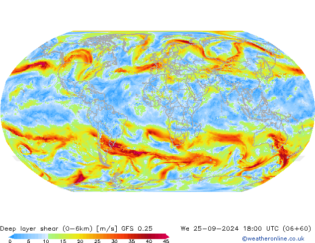 Deep layer shear (0-6km) GFS 0.25 ср 25.09.2024 18 UTC