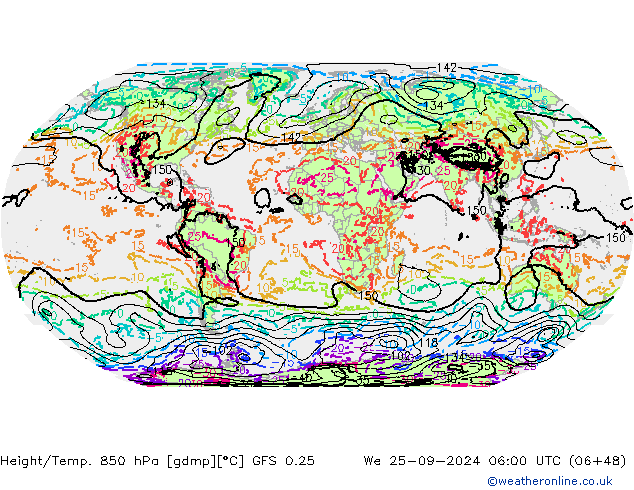 Z500/Rain (+SLP)/Z850 GFS 0.25 St 25.09.2024 06 UTC