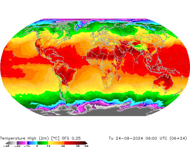 Max. Temperatura (2m) GFS 0.25 wto. 24.09.2024 06 UTC