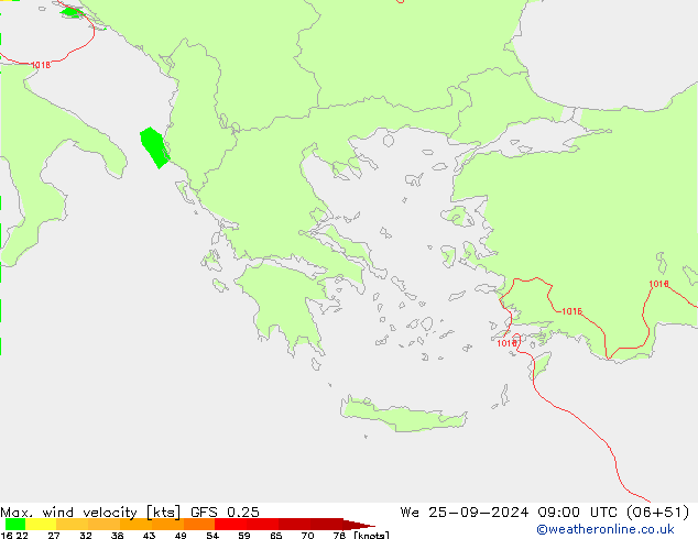 Max. wind velocity GFS 0.25 We 25.09.2024 09 UTC