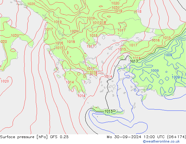 Presión superficial GFS 0.25 lun 30.09.2024 12 UTC