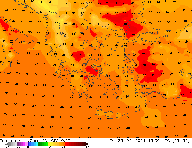 mapa temperatury (2m) GFS 0.25 śro. 25.09.2024 15 UTC