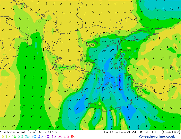 Viento 10 m GFS 0.25 mar 01.10.2024 06 UTC