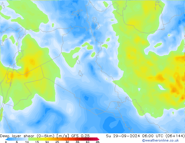 Deep layer shear (0-6km) GFS 0.25 dim 29.09.2024 06 UTC