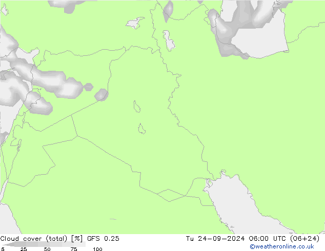 Cloud cover (total) GFS 0.25 Tu 24.09.2024 06 UTC