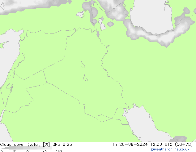 Cloud cover (total) GFS 0.25 Th 26.09.2024 12 UTC