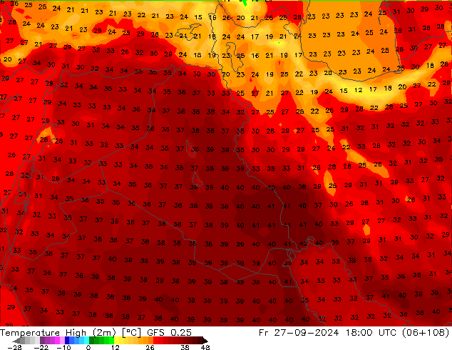 Temp. massima (2m) GFS 0.25 ven 27.09.2024 18 UTC