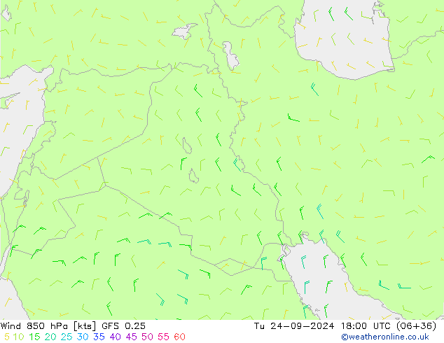 Wind 850 hPa GFS 0.25 Út 24.09.2024 18 UTC