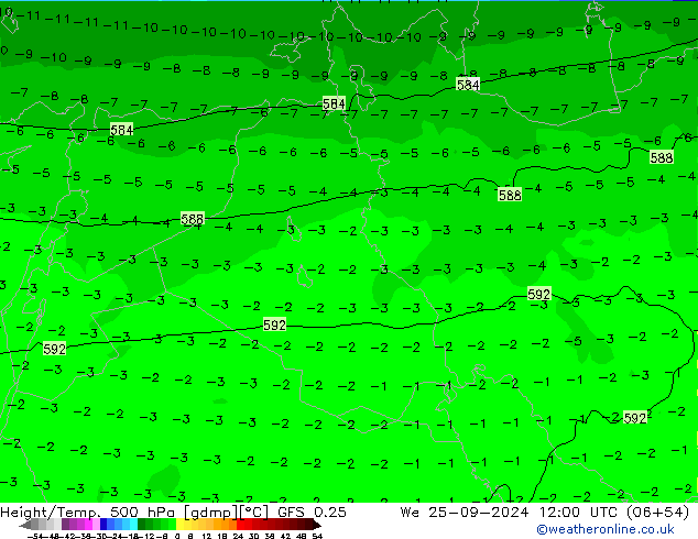 Z500/Rain (+SLP)/Z850 GFS 0.25  25.09.2024 12 UTC