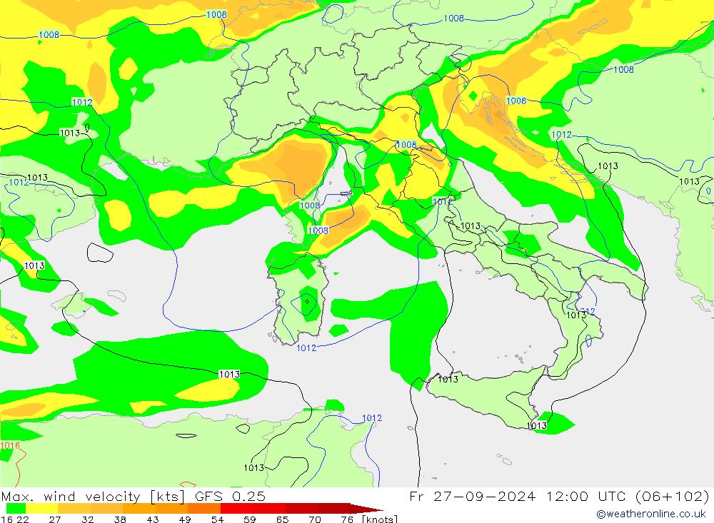 Max. wind velocity GFS 0.25 Fr 27.09.2024 12 UTC