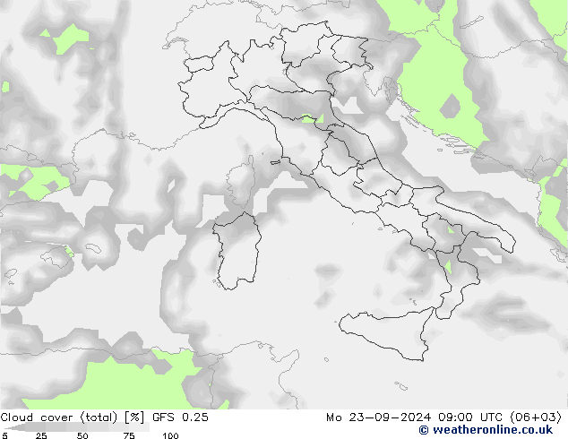 Nubes (total) GFS 0.25 lun 23.09.2024 09 UTC