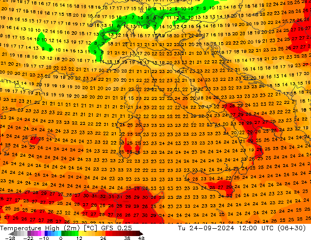 Temperature High (2m) GFS 0.25 Tu 24.09.2024 12 UTC