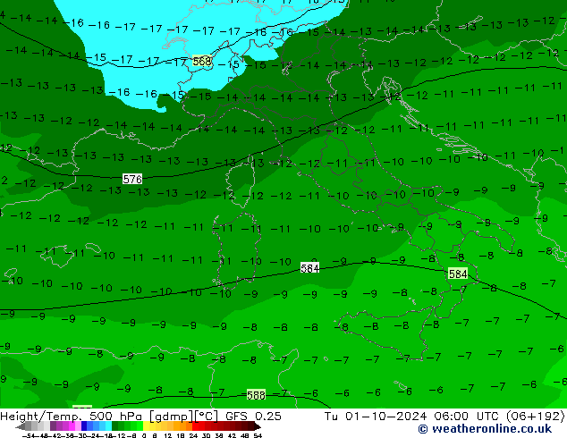 Z500/Rain (+SLP)/Z850 GFS 0.25 Tu 01.10.2024 06 UTC