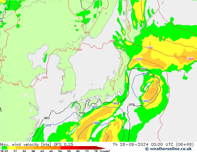 Max. wind velocity GFS 0.25 чт 26.09.2024 00 UTC