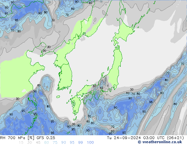 RH 700 hPa GFS 0.25 Ter 24.09.2024 03 UTC