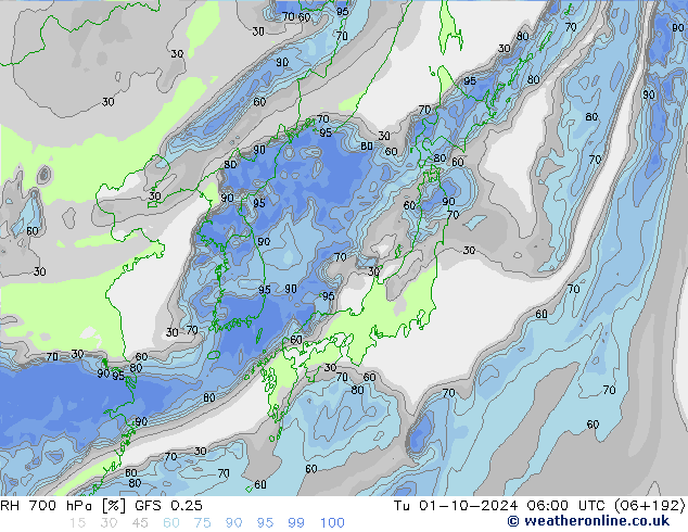 RV 700 hPa GFS 0.25 di 01.10.2024 06 UTC