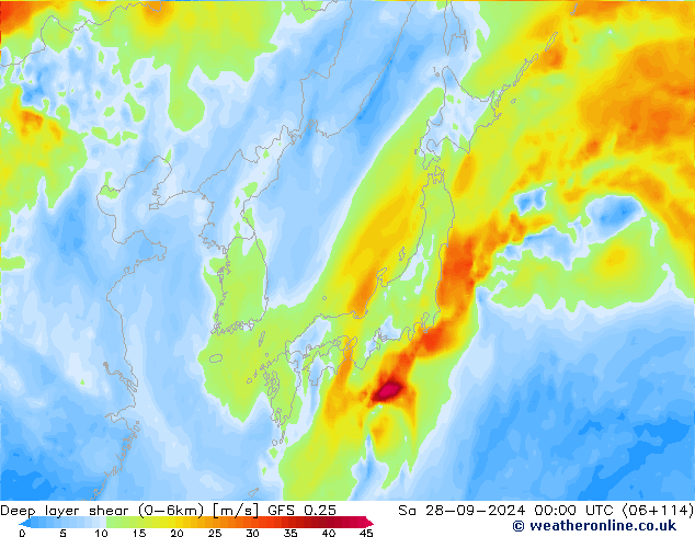 Deep layer shear (0-6km) GFS 0.25 sáb 28.09.2024 00 UTC