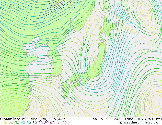 Streamlines 500 hPa GFS 0.25 Su 29.09.2024 18 UTC