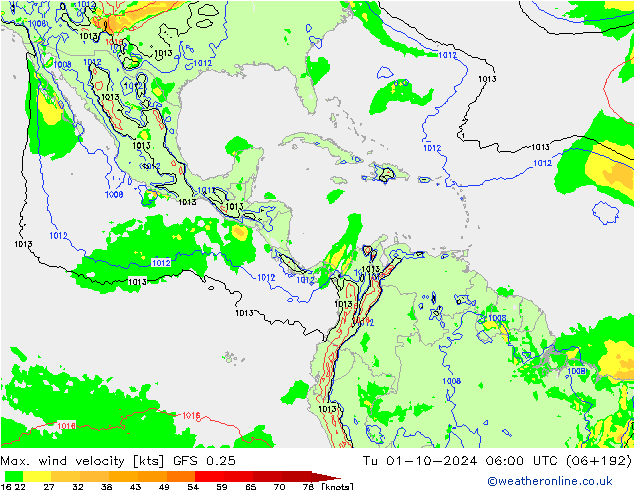 Max. wind velocity GFS 0.25 Ter 01.10.2024 06 UTC