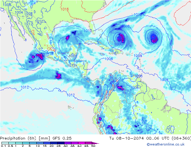 Z500/Rain (+SLP)/Z850 GFS 0.25 wto. 08.10.2024 06 UTC