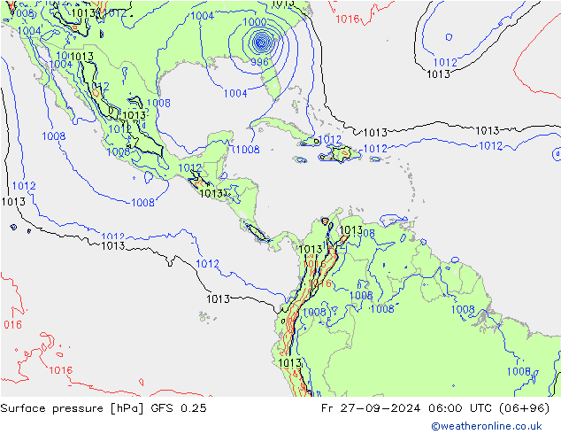 Presión superficial GFS 0.25 vie 27.09.2024 06 UTC