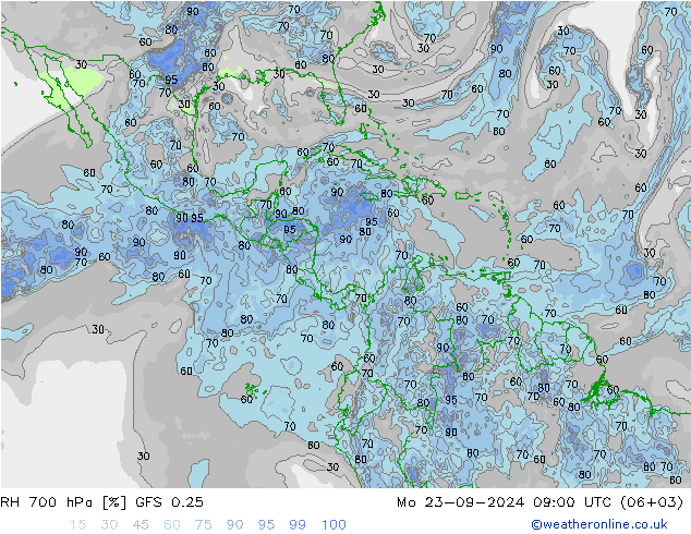 RH 700 hPa GFS 0.25 Mo 23.09.2024 09 UTC