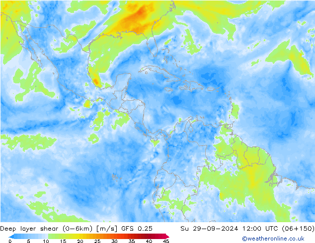 Deep layer shear (0-6km) GFS 0.25 Su 29.09.2024 12 UTC