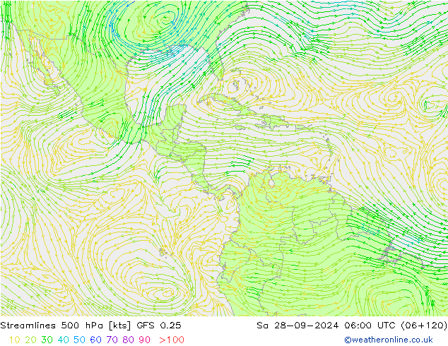 Streamlines 500 hPa GFS 0.25 Sa 28.09.2024 06 UTC