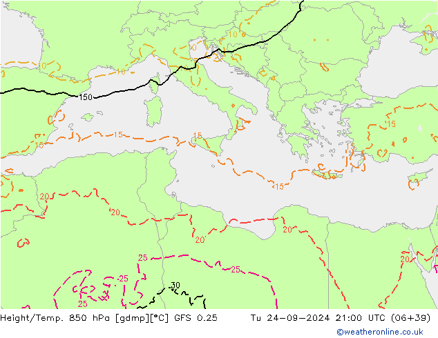 Z500/Rain (+SLP)/Z850 GFS 0.25 Tu 24.09.2024 21 UTC