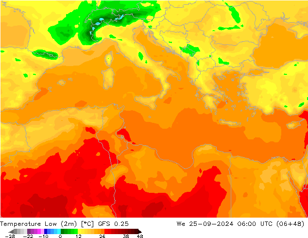 Temperature Low (2m) GFS 0.25 We 25.09.2024 06 UTC