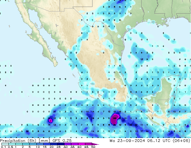 Totale neerslag (6h) GFS 0.25 ma 23.09.2024 12 UTC