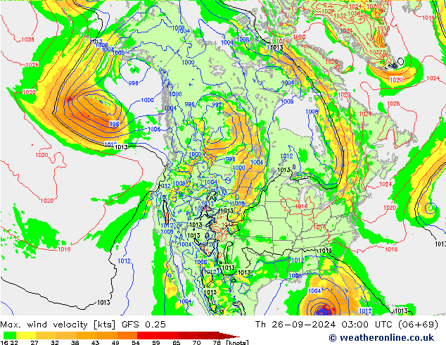 Max. wind velocity GFS 0.25 czw. 26.09.2024 03 UTC