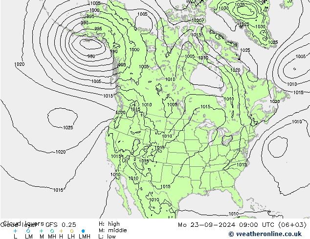 Cloud layer GFS 0.25 Pzt 23.09.2024 09 UTC