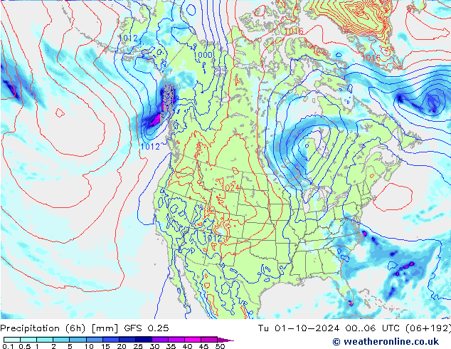 Z500/Rain (+SLP)/Z850 GFS 0.25 Tu 01.10.2024 06 UTC