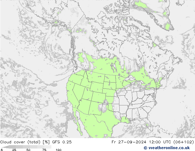 Cloud cover (total) GFS 0.25 Fr 27.09.2024 12 UTC