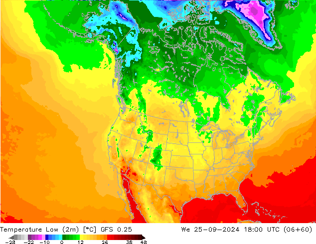 Min. Temperatura (2m) GFS 0.25 śro. 25.09.2024 18 UTC