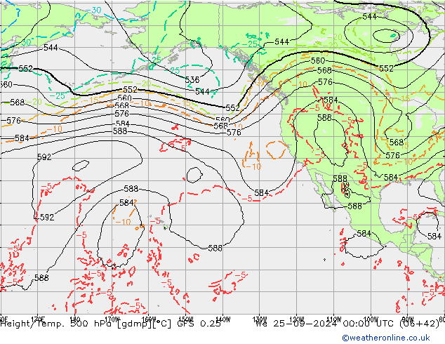 Z500/Rain (+SLP)/Z850 GFS 0.25 St 25.09.2024 00 UTC