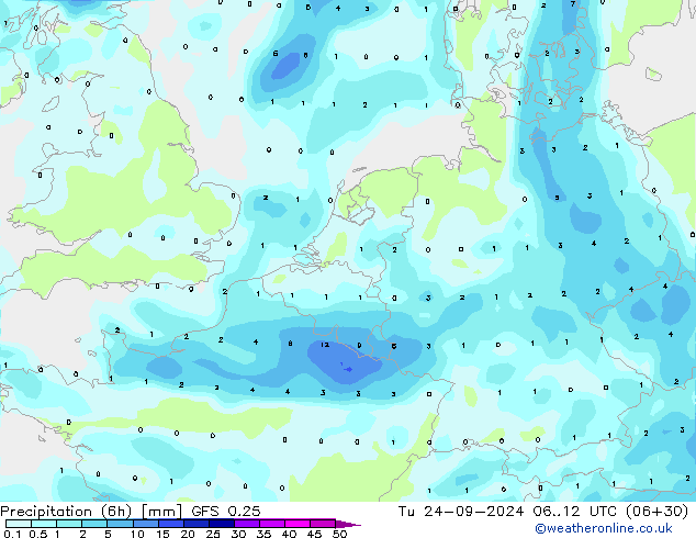 Totale neerslag (6h) GFS 0.25 di 24.09.2024 12 UTC