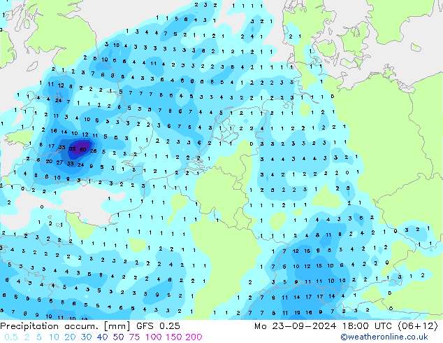 Precipitation accum. GFS 0.25 pon. 23.09.2024 18 UTC