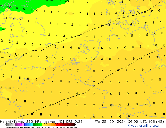 Z500/Rain (+SLP)/Z850 GFS 0.25 St 25.09.2024 06 UTC