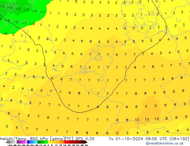 Z500/Rain (+SLP)/Z850 GFS 0.25 Ter 01.10.2024 06 UTC