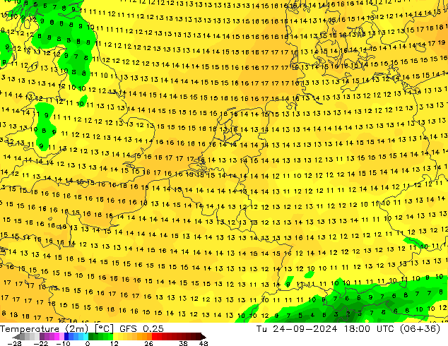 Temperature (2m) GFS 0.25 Tu 24.09.2024 18 UTC