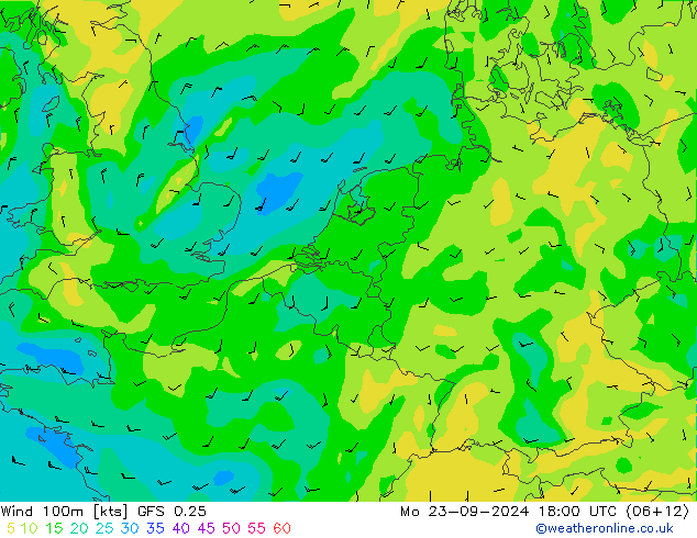 Vento 100m GFS 0.25 lun 23.09.2024 18 UTC