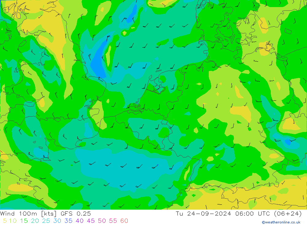 Vento 100m GFS 0.25 mar 24.09.2024 06 UTC