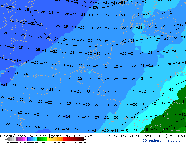 Z500/Rain (+SLP)/Z850 GFS 0.25 Fr 27.09.2024 18 UTC