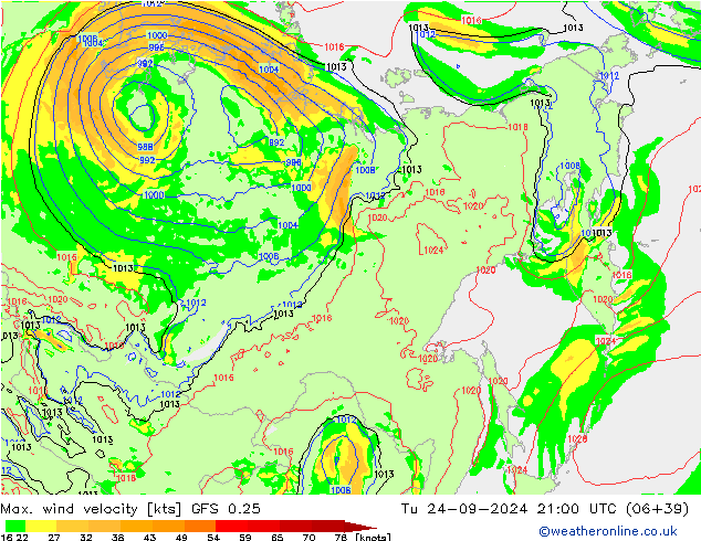 Max. wind velocity GFS 0.25 вт 24.09.2024 21 UTC