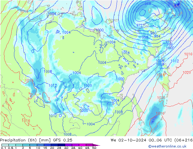 Z500/Rain (+SLP)/Z850 GFS 0.25 Qua 02.10.2024 06 UTC