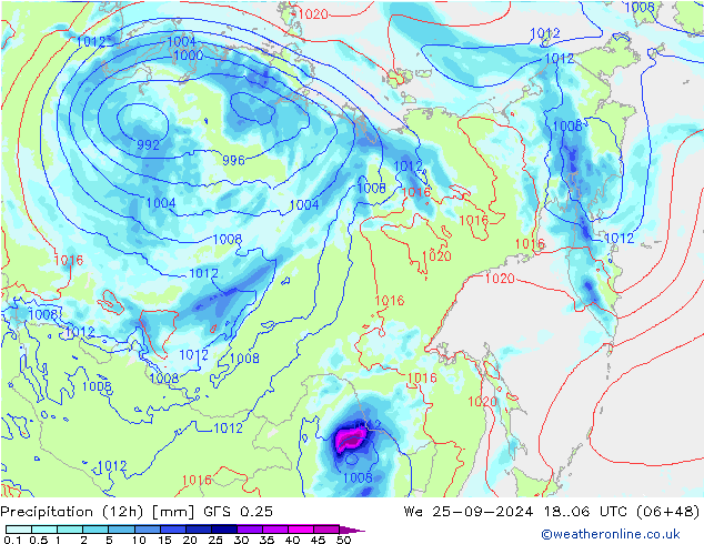 Precipitación (12h) GFS 0.25 mié 25.09.2024 06 UTC